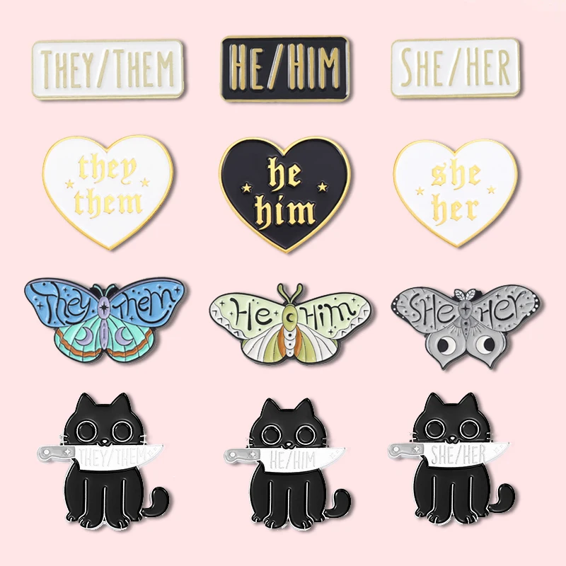 

Simple Pronoun Enamel Pin Custom Butterfly SHE HER HE HIM THEY THEM Brooch Badge Insect Animal Jewelry Gifts for Kids & Friends