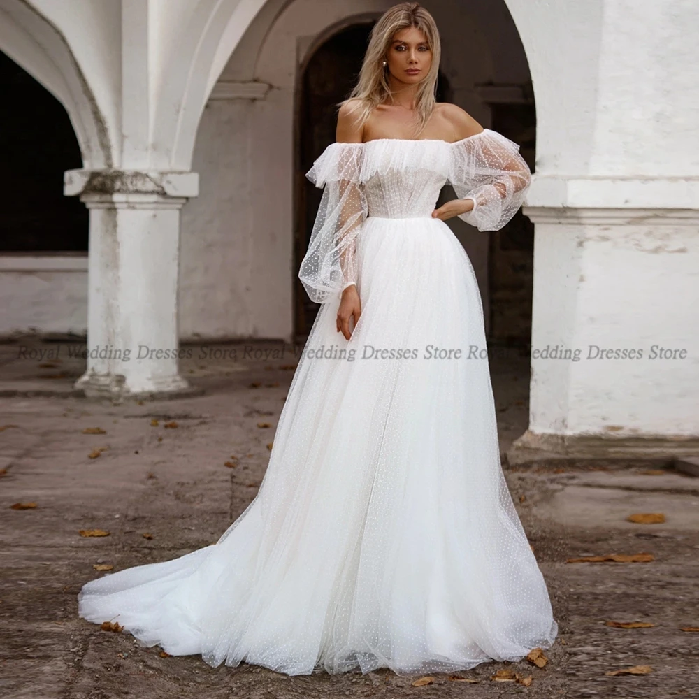 

Exquisite A Line Wedding Dresses Draped Tulle Flower Off-the-shoulder Open Back 2022 Summer Floor Length Gowns Robe De Ma
