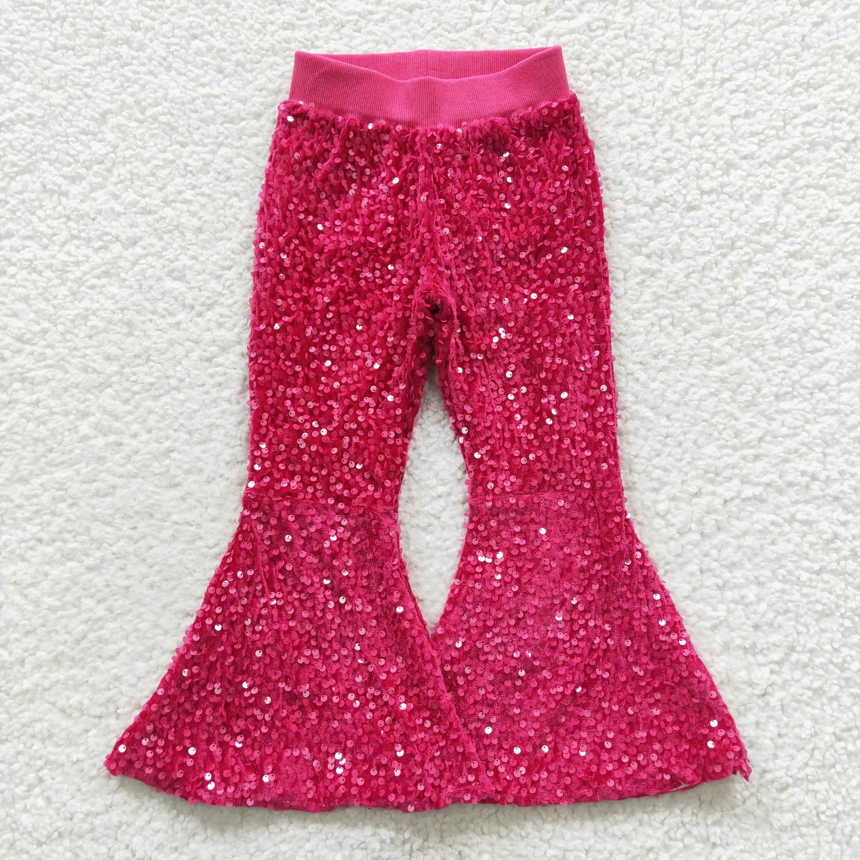 

2023 New Design RTS Kids Cotton Lining Clothing Baby Girls Flare Trousers Children Fuchsia Sequined Pants