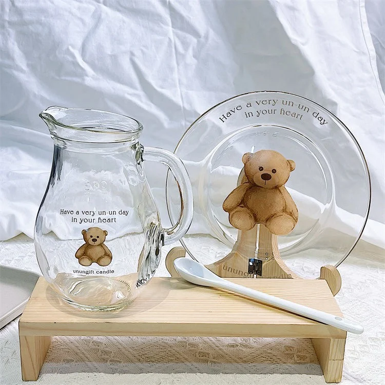 

Стеклянная тарелка в корейском ретро-стиле, тарелка с мультяшным медведем, милая стеклянная тарелка для молока, десертная тарелка, тарелка для еды в западном стиле