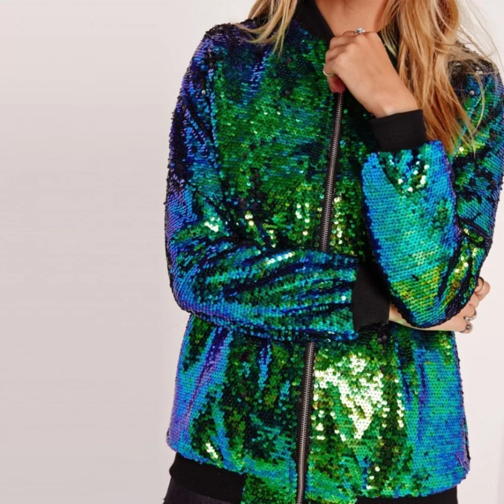 

Casual Women's Autumn Sequin Jacket Plus Size Loose Sequin Baseball Uniform Jackets Europe and America Streetwear All-match