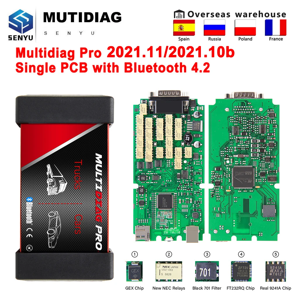 Одноплатный мультидиаг Pro + 2021.11 NEC реле Bluetooth OBD2 сканер для автомобиля / грузовика OBD 2 OBD2 автомобильный диагностический инструмент.