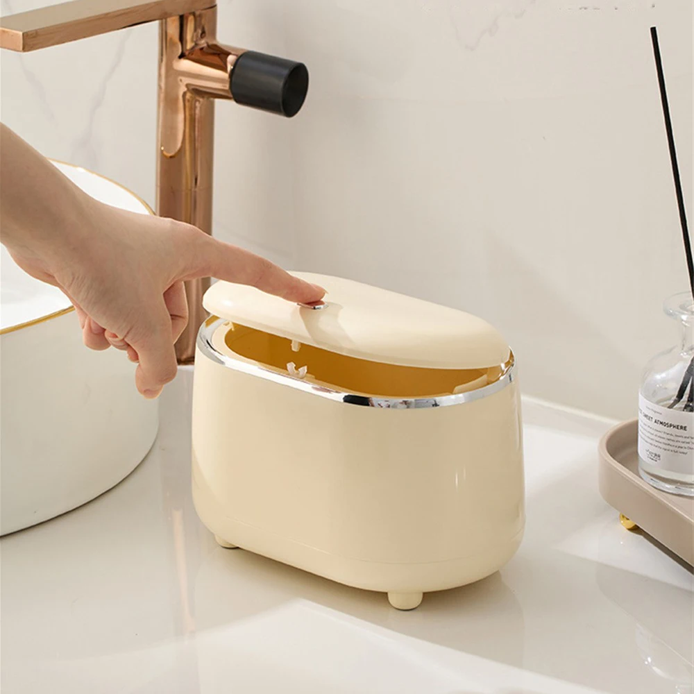 

Light Luxury Style Press Desktop Small Trash Can Countertop Oval Spring Cover Small Garbage Basket Super-large Opening Dustbin