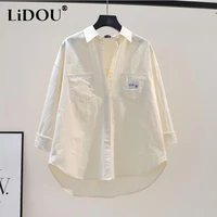 2022 summer fashion casual cotton lapel buttons simple pocket asymmetrical long sleeve basic comfortable shirt blouses women