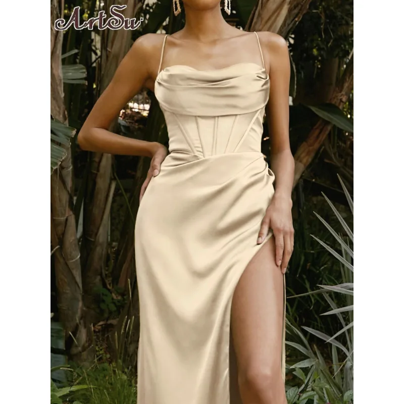 

Elegant Evening Dresses Women Backless Girdle Sexy Satin Party Dress Sleeveless High Waist Hem Split Summer Fashion Clubwear