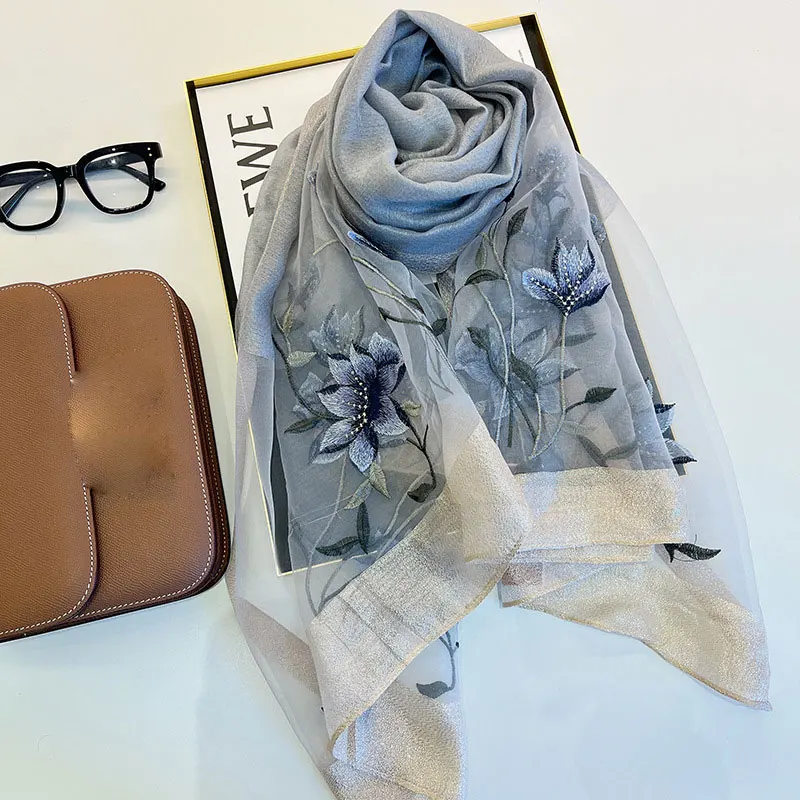 

Real Silk And Wool Women Scarf Embroidery Pashmina Foulard Hijab Scarves Shawl Female Solid Winter Warm Wraps Bufanda Floral