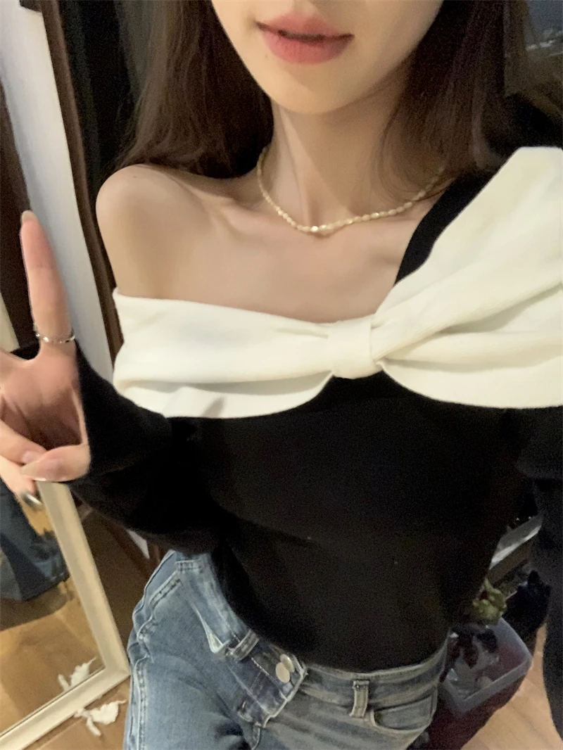 

French Style Sweater Women Bow Slash Neck Patchwork Off Shoulder Knitted Tops Sexy Slim Stretch Pullovers Ladies Elegant Top