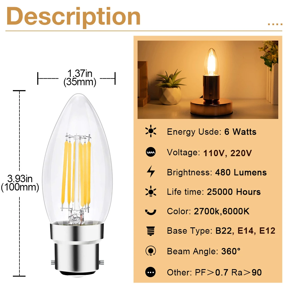 6W Свеча Светодиодная Лампа E14 E12 B22 Винтажная накаливания C35 Прозрачное Стекло