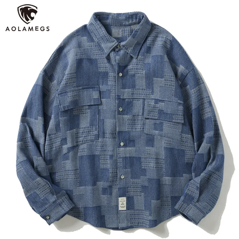 

High Street Men's Colorblock Patches Plaid Long Sleeve Denim Shirt Oversized Lapel Single Breasted Jeans Shirts Men and Women