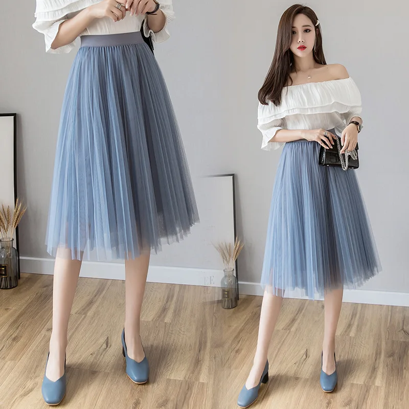 2023 New Summer Korean Solid Color Two Layers Lace Tulle Skirt Women Midi Long Mesh Pleated Tutu Skirt Female Jupe Longue