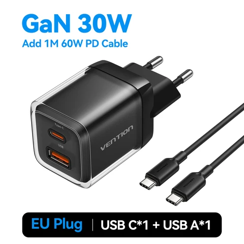 Зарядное устройство Vention 30 Вт GaN, вилка стандарта ЕС, США, PD QC3.0, USB Type C, быстрое зарядное устройство для iPhone 17 16 15 14 Pro Max, зарядное устройство для ноутбука и телефона