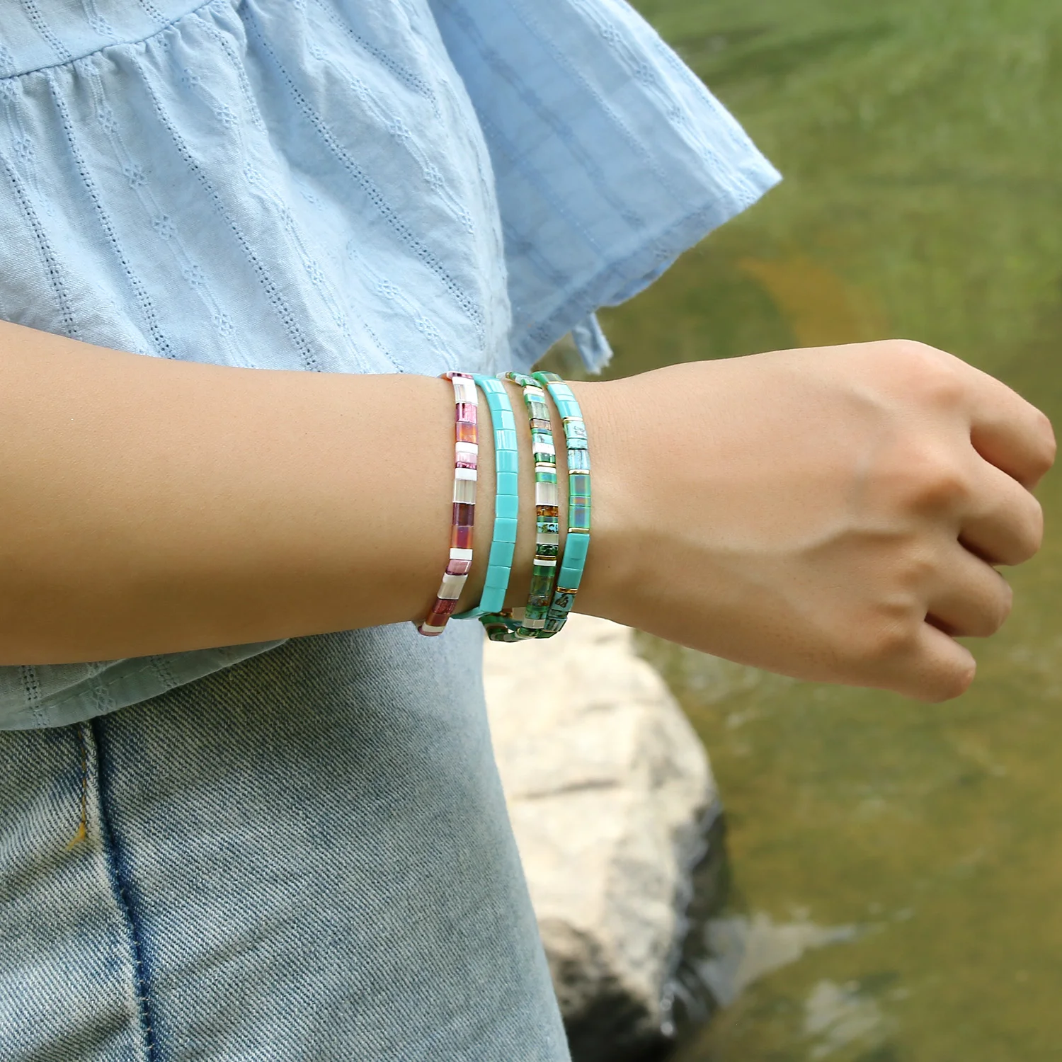 Летние Красочные браслеты из бисера C · QUAN CHI модные эластичные в стиле Тила