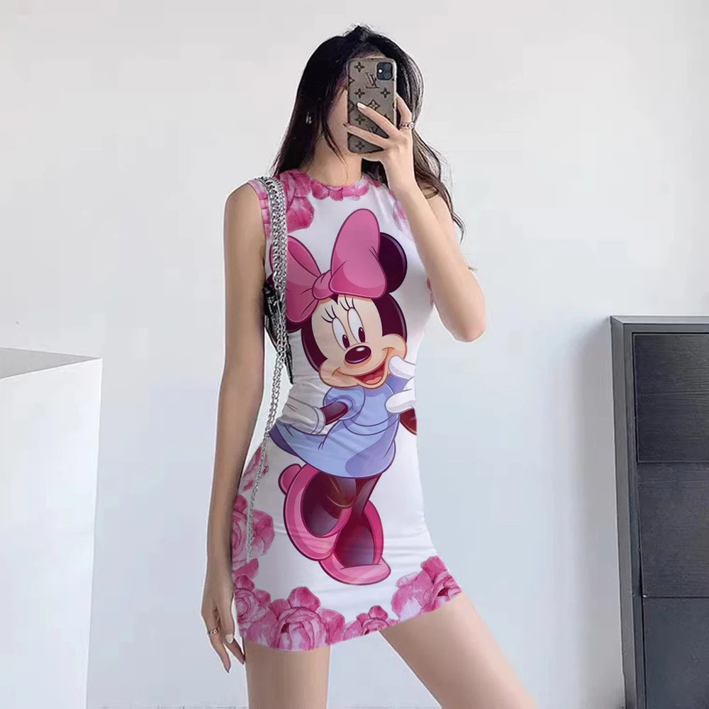 

Disney Minnie Dress Cartoon Print Skinny Pencil Sheath Sleeveless Dress Chic Fashion Women Mini Sexy Dress vestidos ropa mujer