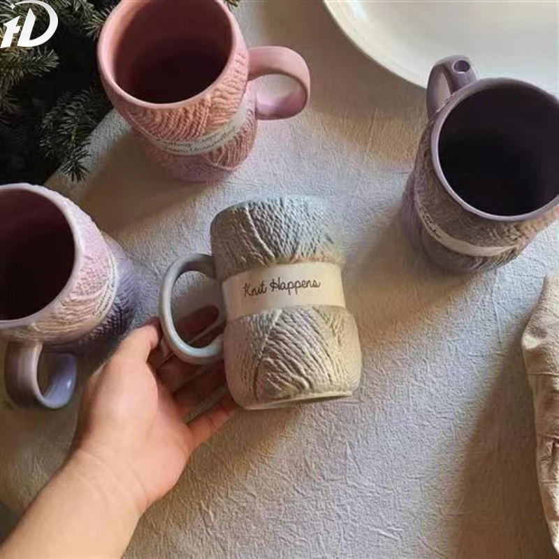 

450ML Colorful Wool Ceramics Mugs with Handle Coffee Milk Tea Cups Home Office Drinkware Porcelain Mug Breakfast Cup Girls Gifts