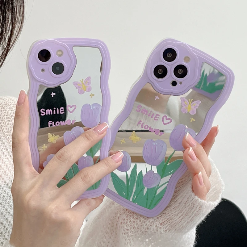 

Flower Phone Case for iPhone 13 12 Pro Max Cute Smile Back Shockproof Cover Funda Mirror Shell for iPhone 11 X XS XR 7 8 Plus