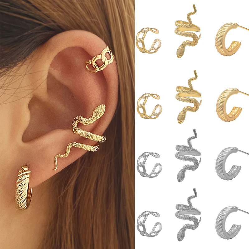 

3pcs/set Vintage Snake Earrings for Women Charm Gold Round Ear Clips Female 2022 Trend Ear Cuffs Valentine's Day Gift Jewelry