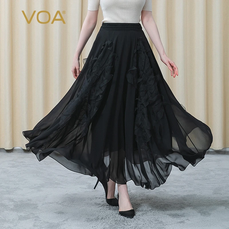 

VOA Silk Georgette Black Natural Waist Fold Three-dimensional Decoration Double-layer Soft Refreshing Summer Woman Skirt CE87