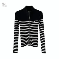 Black and White Stitching Striped Long-sleeved Knitted Cardigan 2022 Autumn New Women Double Zipper Stand Collar Slim Sweater