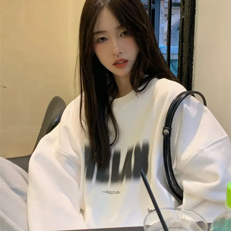 

Fashion Trend All-match Casual Plus Velvet Thick Solid Color Letter Printing Autumn and Winter New Round Neck Simple Sweater
