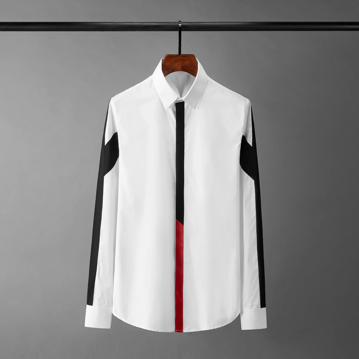 

Brand Black White Contrast Stitching Long-sleeved Men's Shirts Trend Handsome Casual Slim Dress Shirt Social Party Men Clothing