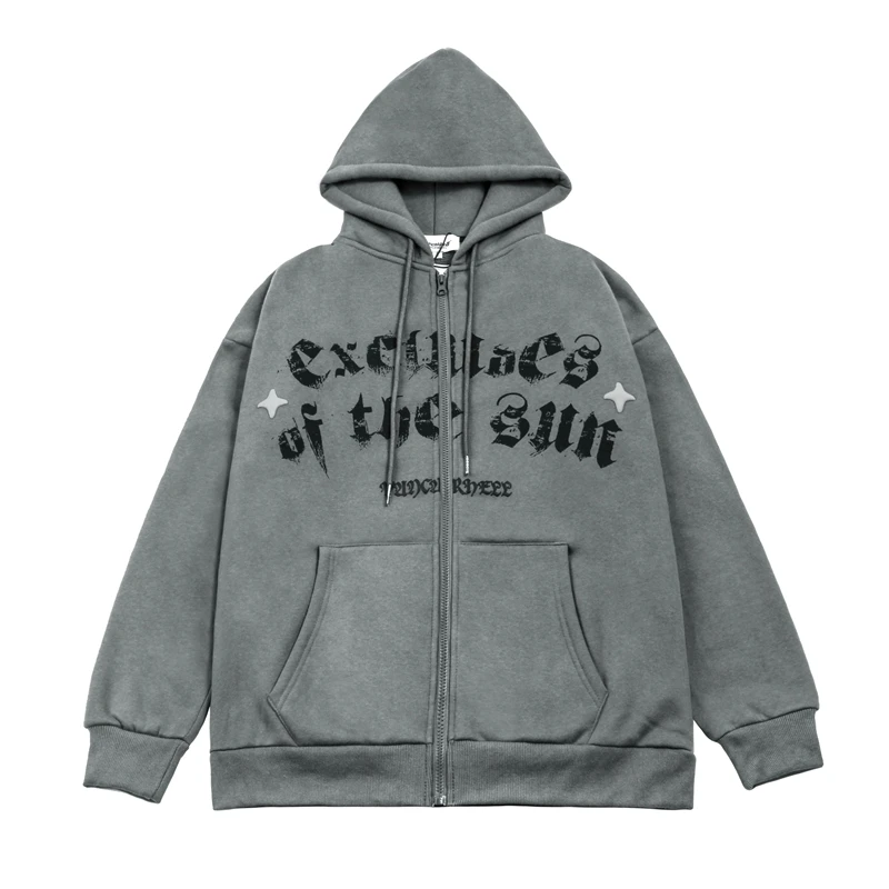 

Letter Moon and Five Stars Embrodiery Zipper Hooded Hoodies Men's Streetwear Retro Oversized Cardigan Fleece Winter Sweatshirts