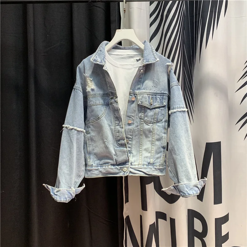 

Spring Autumn Washed Ripped Vintage Denim Jacket Women's Stitching Short Loose Coat Casual Jeans Jacket Female Street Clothing