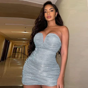 2022 Fashion Women Dress Sexy Blue Bright Silk Strapless Pleated Bodycon Lady Mini Dresses Evening Party Cocktail Clubwear