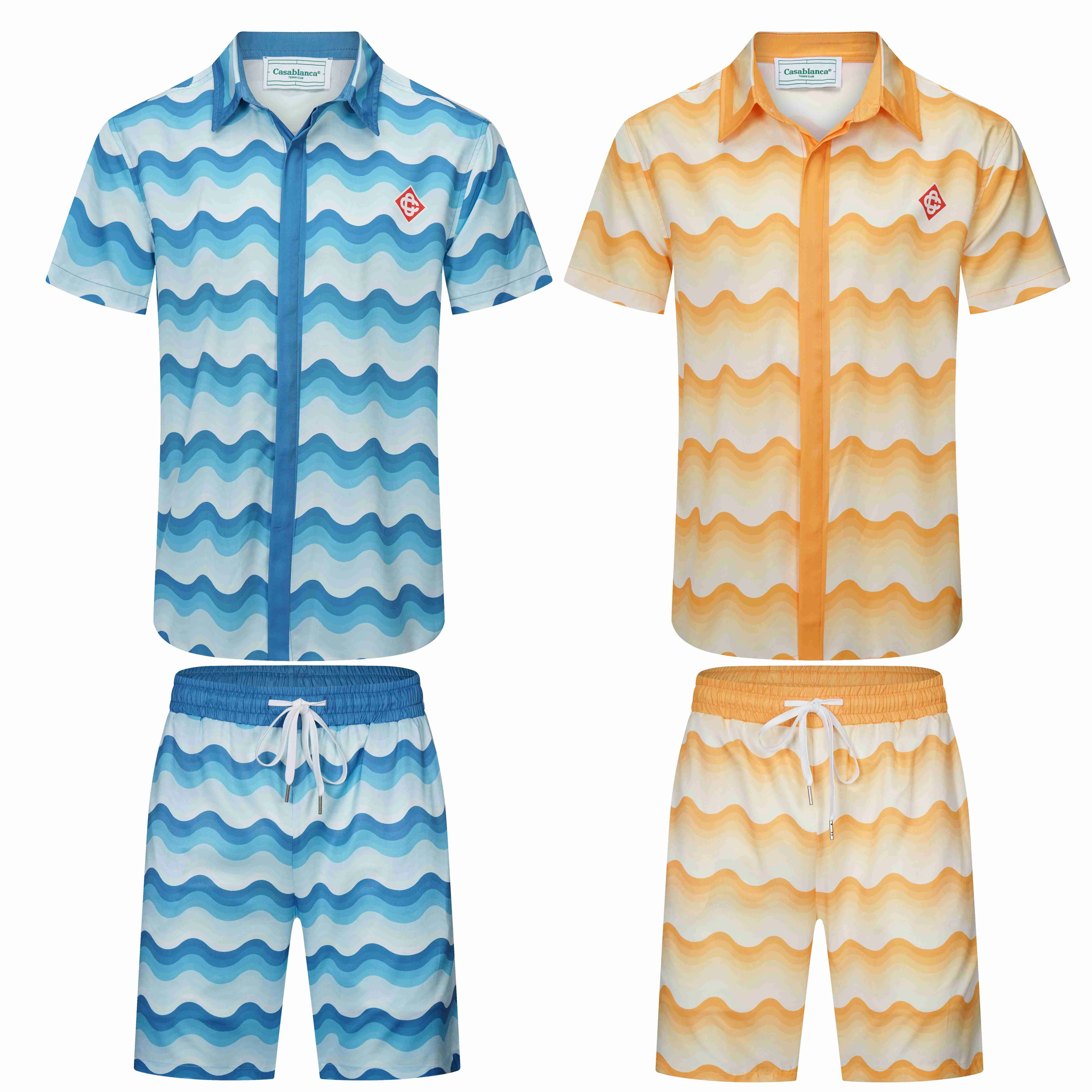 

Spring and summer new Casablancas wave print pattern letter two-piece short-sleeved shirt lapel shirt men and women tide loose