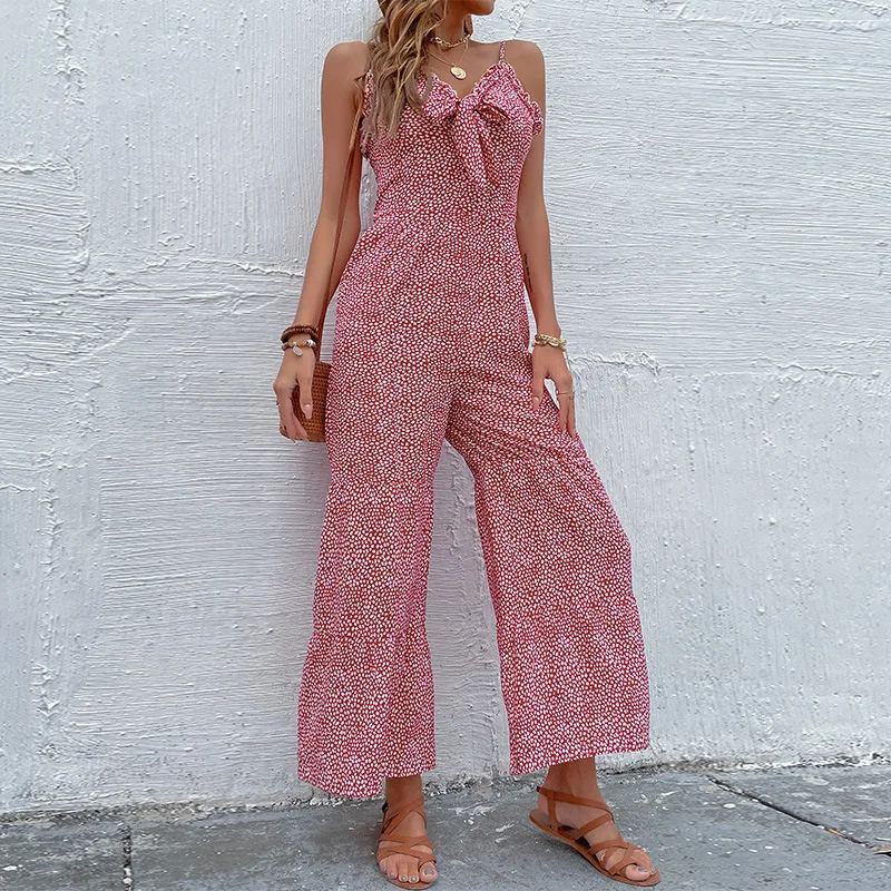 

New Summer Women's Jumpsuit Floral Casual Red Bowknot Wide Legs Ladies Slim Sling Jumpsuit Sleeveless Baggy Trousers