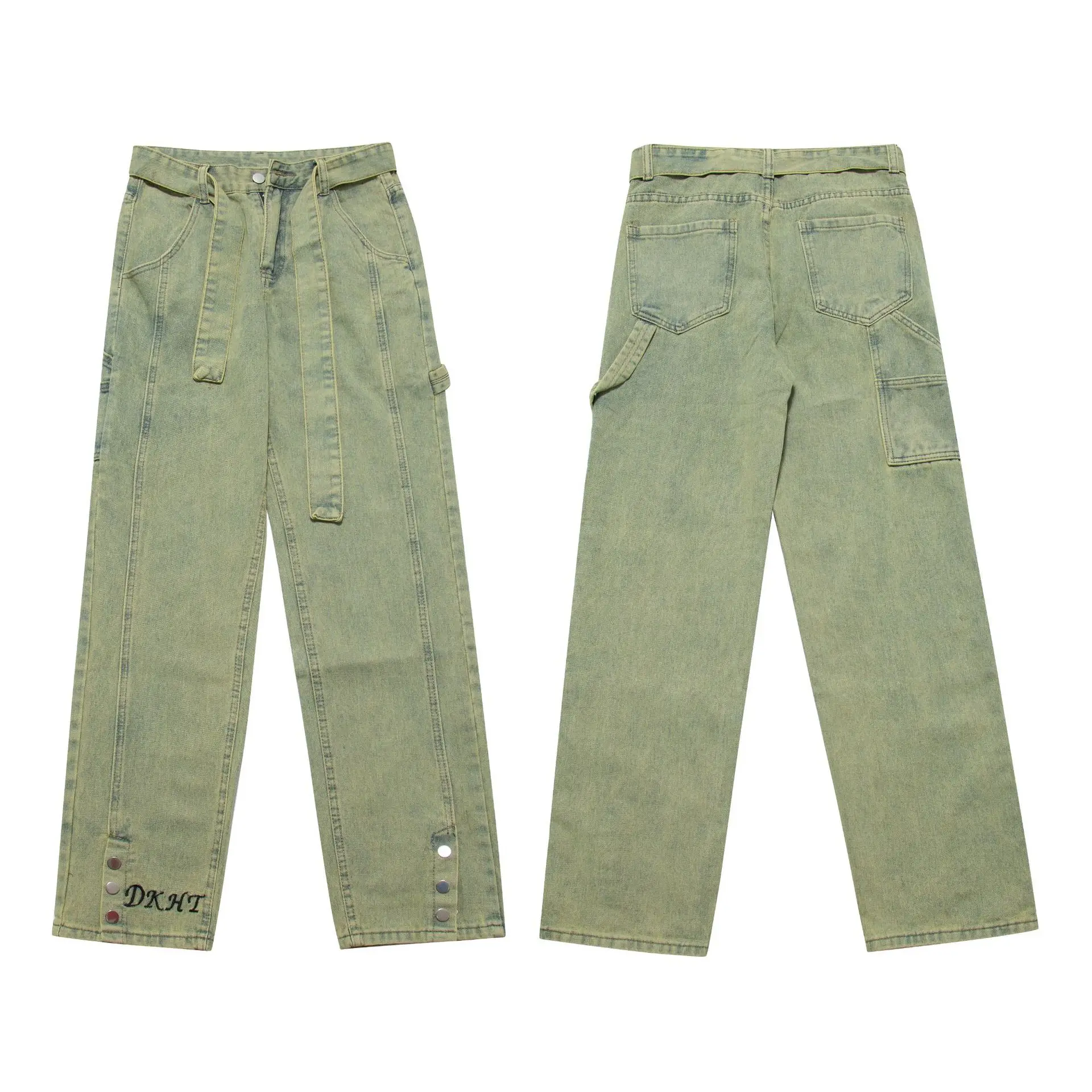 

Прямые джинсы Хай-стрит Ретро Тяжелая промышленная стирка старые ленты подходящие ко всему Брюки с карманами на пуговицах мешковатые джинс...