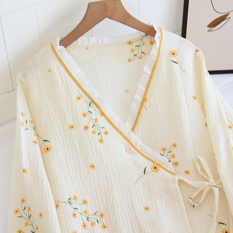 2022 Spring Crepe Kimono Long Sleeve Home Clothes Female Sleepwear Gauze Cotton V-Neck Home Suit Women's Pajama