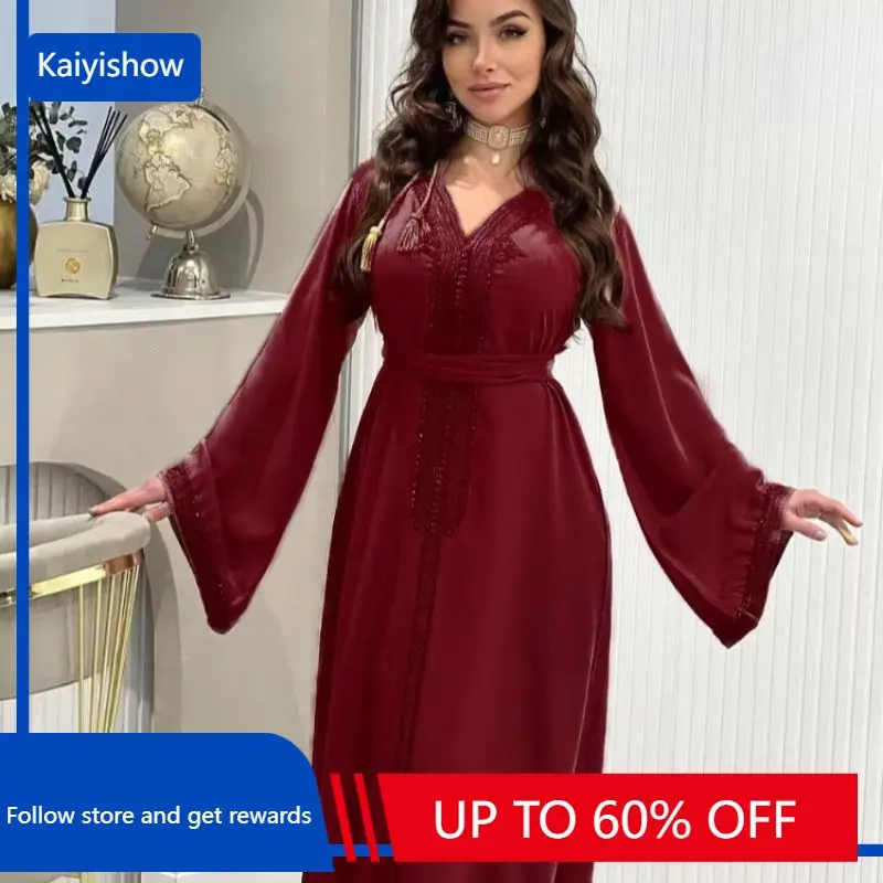 

Muslin Evening Dress V-neck Ramadan Long Sleeves Kaftan Caftan Moroccan Dubai Turkey Abaya For Wedding Elegant Female Clothing