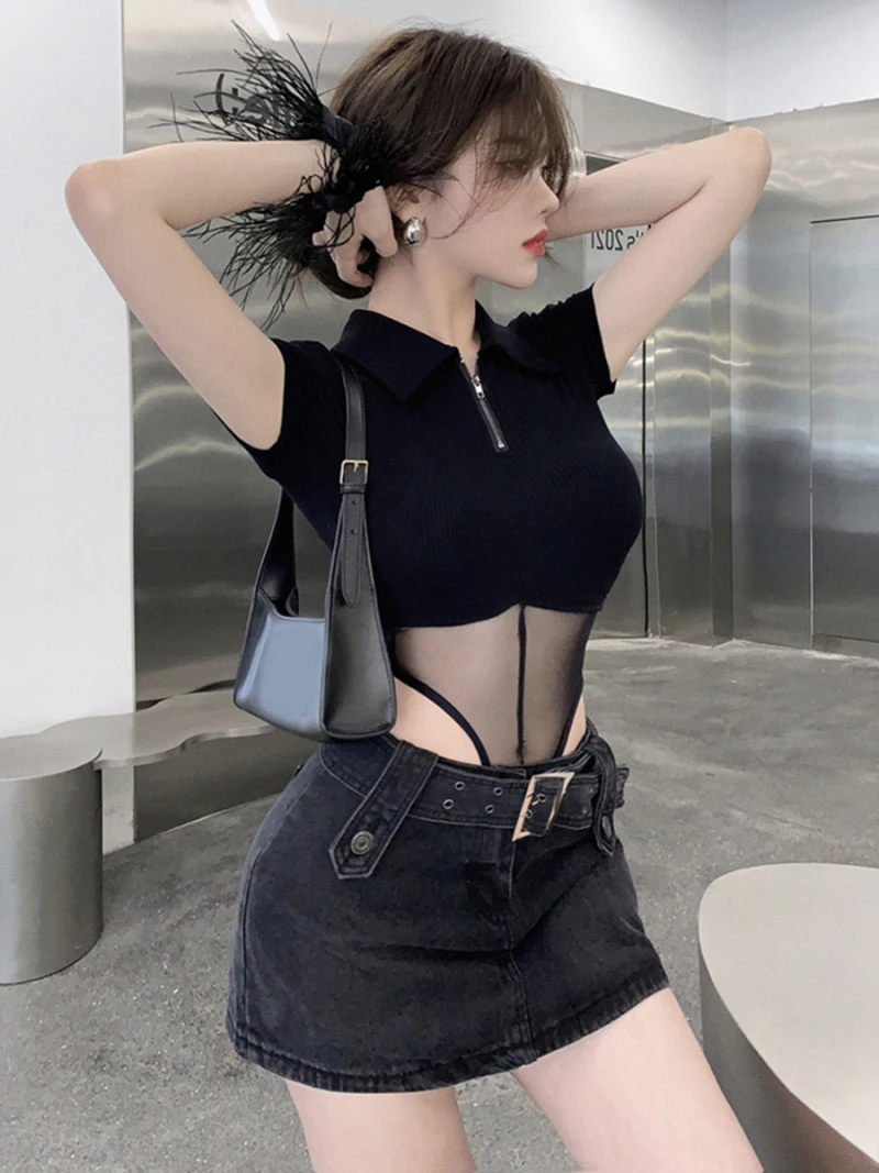 

Женский слитный короткий топ, черная сетчатая футболка с коротким рукавом, стройнящая фигуру, для весны и лета