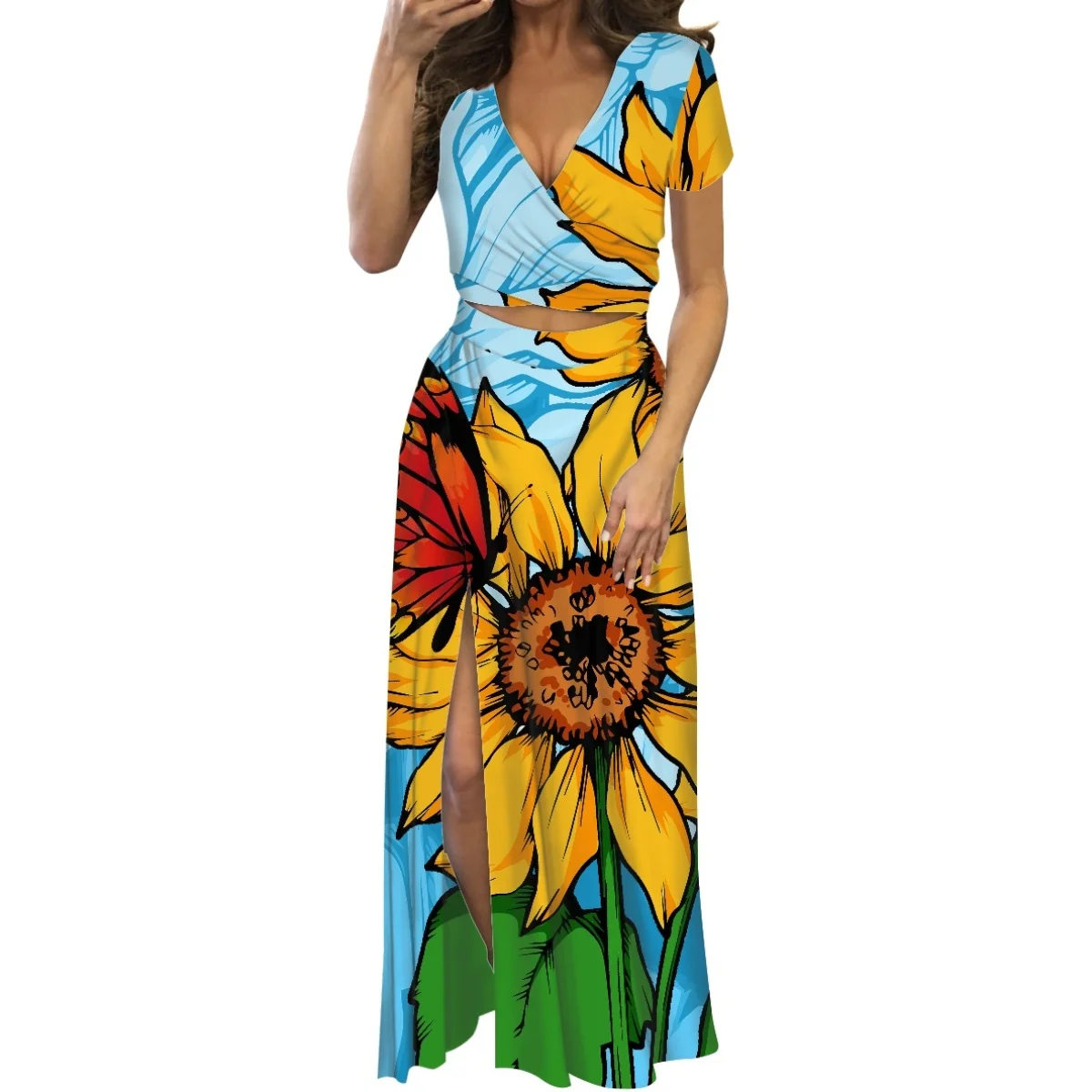 

HYCOOL Sunflower Butterfly Print New Style Tropical Sexy V-neck Short Sleeve Summer Elegant Evening Dresses For Women Luxury