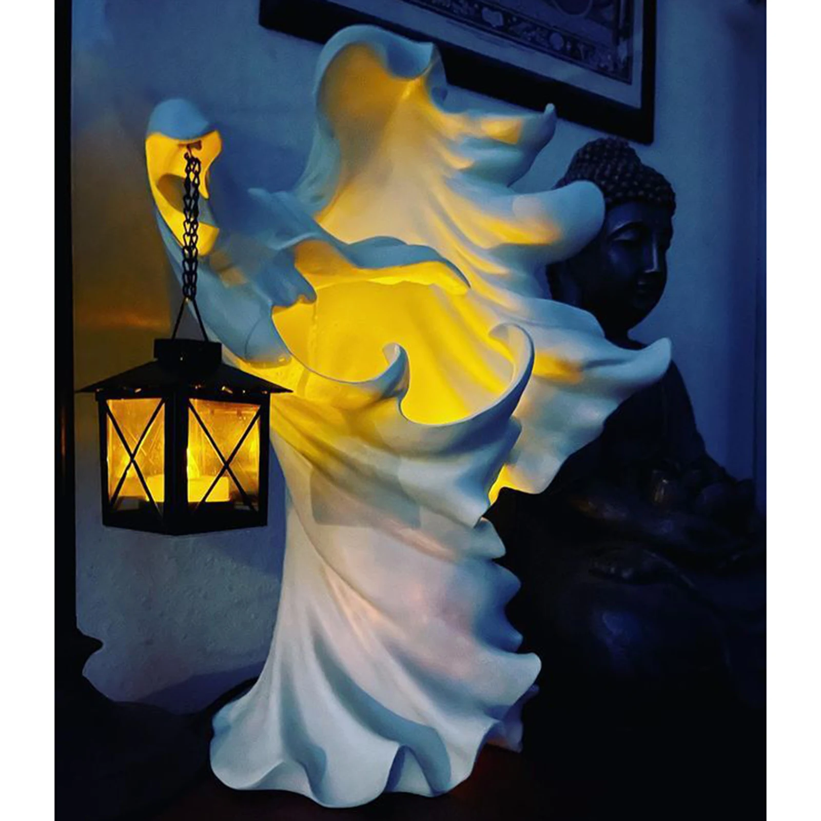 

Halloween Witch Lantern Resin Black White Sculpture Resin Witch Ornament with Lantern Art Statue Statue for Home Outdoor Garden