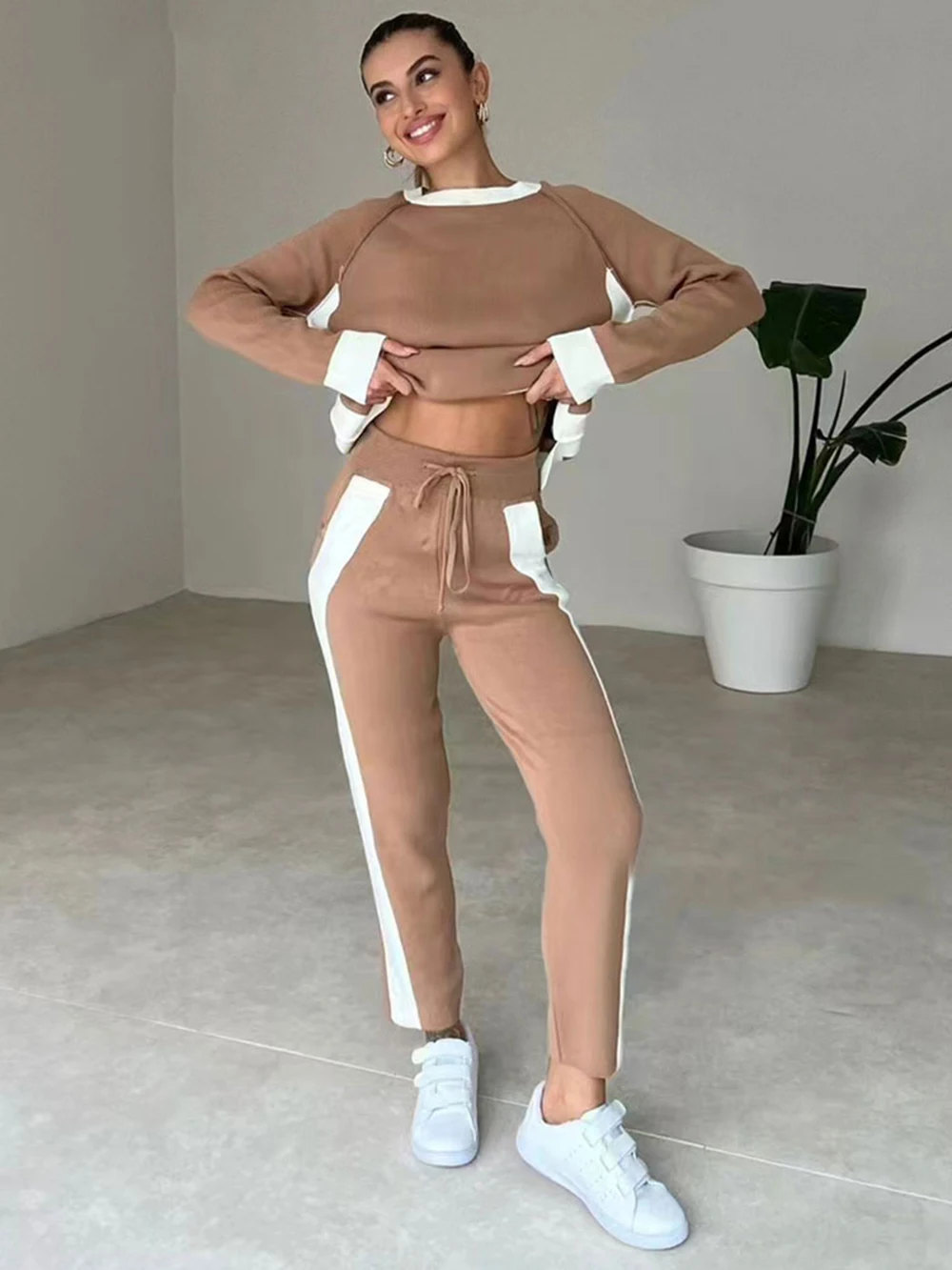 

Модный повседневный Женский вязаный свитер, брюки, костюм с круглым вырезом, пуловер с длинным рукавом, свитер и брюки с высокой талией, комплект из двух предметов