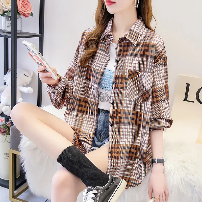 Женская тонкая рубашка в клетку топ из полиэстера с длинным рукавом Базовая для