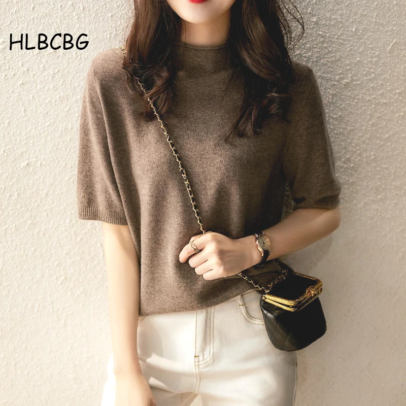 

HLBCBG New Summer Glitter T Shirt Women bling Knitted loose Short Sleeves Top half sleeve T shirt Slim Kintwear Female T-shirt