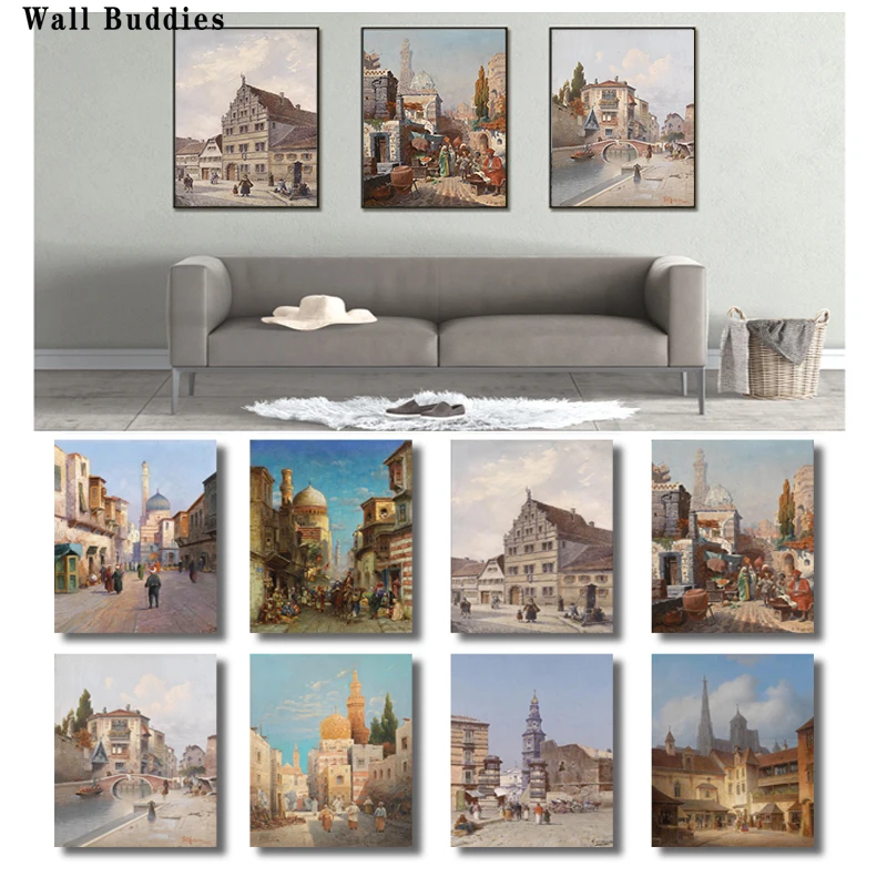 

European Retro Style Medieval Character Romantic Town Moroccan Church Louvre Canvas Printed Poster Home Living Room Decoration