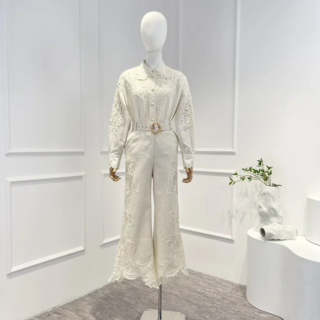 

Женский комплект из блузки и брюк, свободная льняная бежевая блузка с вышивкой и расклешенные брюки средней длины, весна 2023