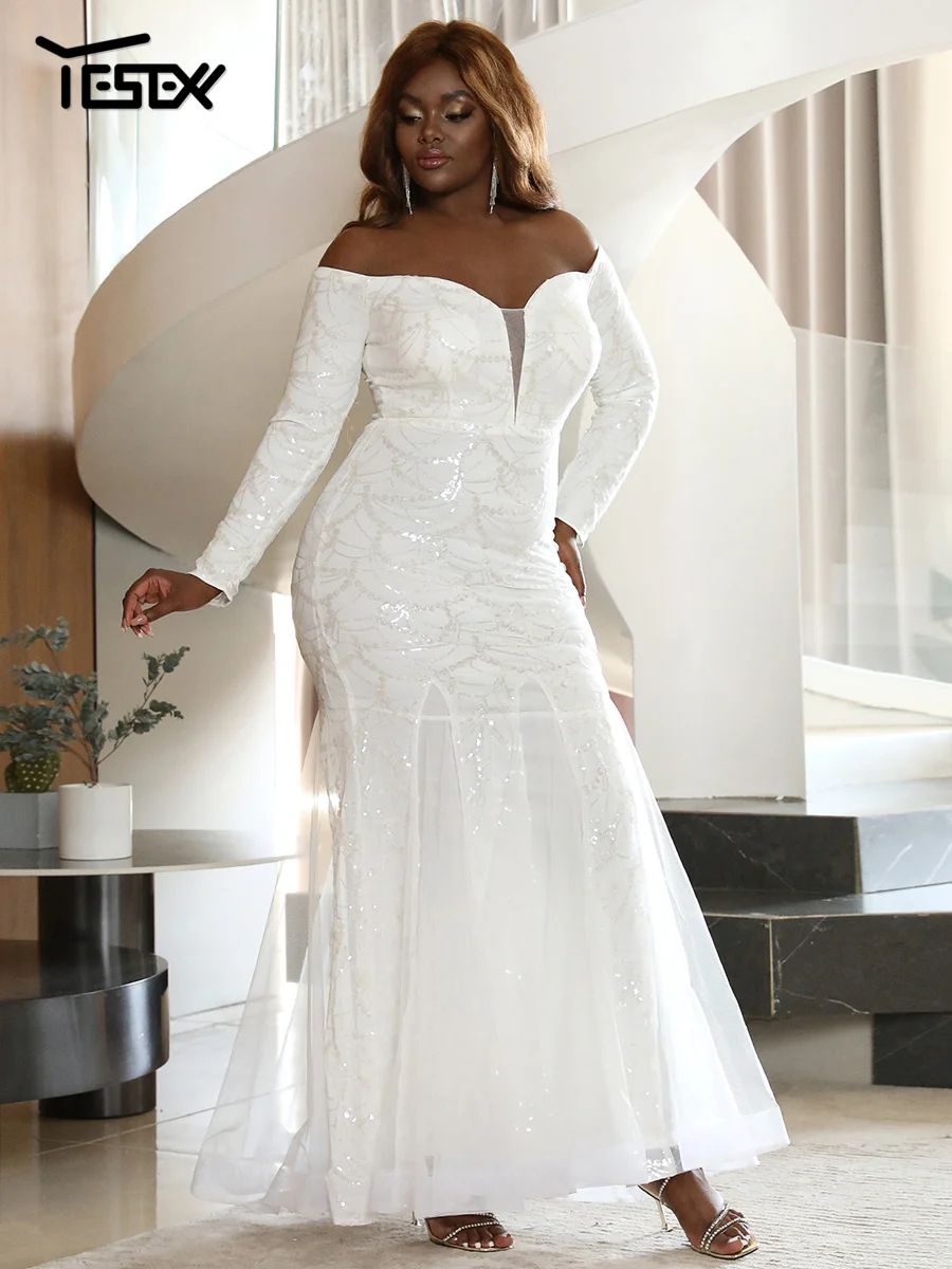 Yesexy Plus Size Off Shoulder Long Sleeve Mermaid Hem Sequin  Bride White Wedding Dress Maxi Dresses