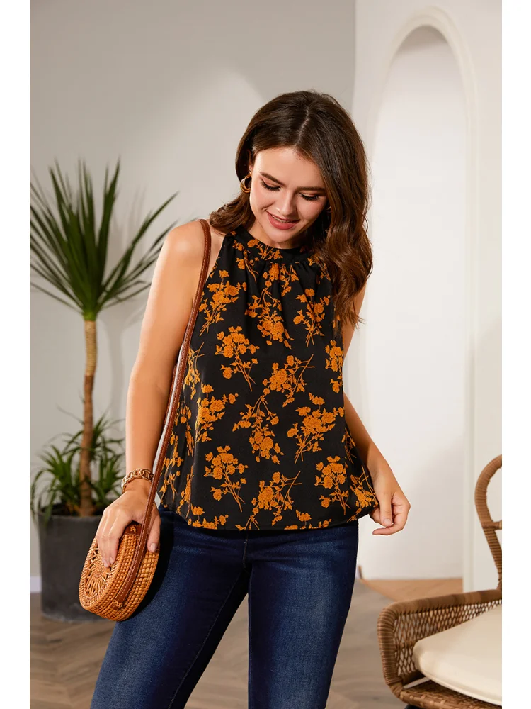 Chiffon top women's cropped sleeveless floral loose womenswear plus size feminino tanks