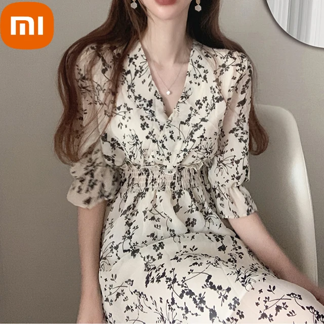 

Женское шифоновое платье Xiaomi, винтажное длинное платье в Корейском стиле с эластичным поясом, ТРАПЕЦИЕВИДНОЕ элегантное офисное платье с V-...