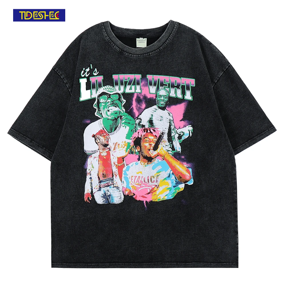 

2022 Summer Men Washed Vintage T-Shirt Hip Hop Streetwear Lil Uzi Vert Graphic Print T Shirt Harajuku Cotton Tshirt Short Sleeve