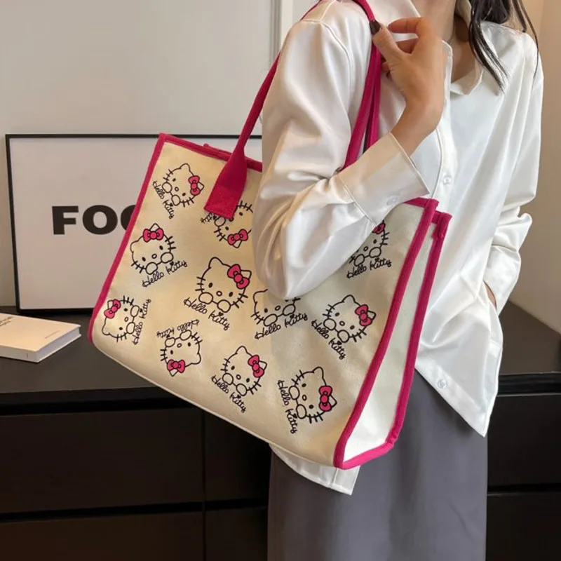 

Korean Fashion Hello Kitty Y2k Canvas Bag For Women Cute Zip Shoulder Bag Office Lady Large Capacity Aesthetic Kawaii Tote Bag