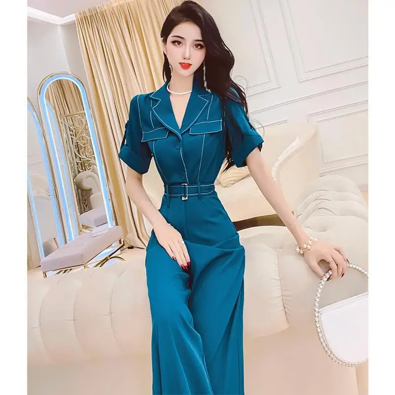 

Women 2022 Summer Casual Notched Wide Leg Jumpsuits Female High Waist Short Sleeve Rompers Office Lady Loose Playsuits F22