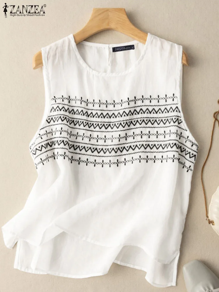 

Retro Embroidery Shirts For Women Summer Blouse ZANZEA Fashion Tank Tops Sleeveless O Neck Blusas Femme Casual Beach Camisole