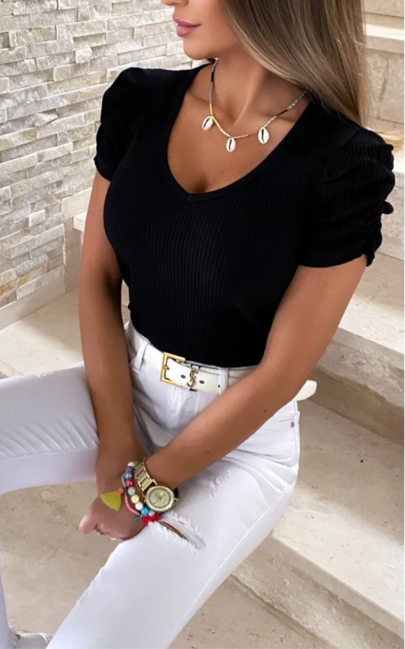 

Летняя Повседневная Однотонная футболка с коротким рукавом и V-образным вырезом, серая