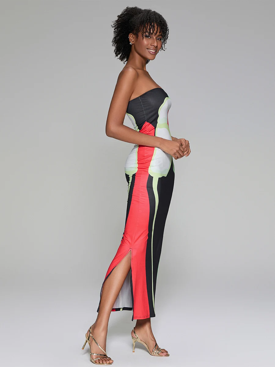 Женское облегающее длинное платье без бретелек с абстрактным принтом