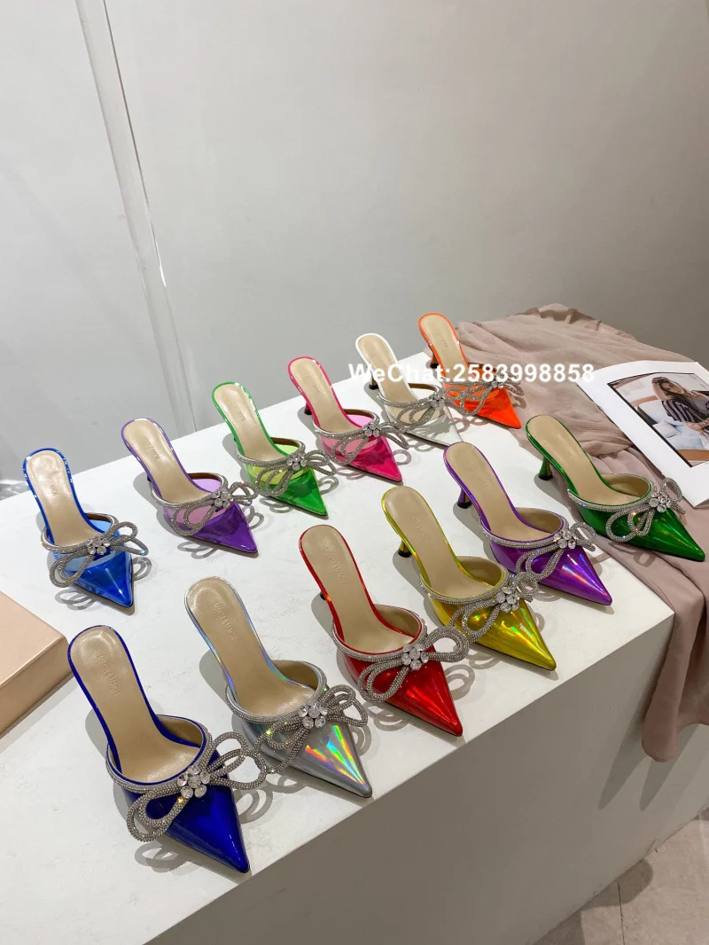 

Bow rhinestone half slippers PVC transparent toe cap Muller shoes pointed toe low-heeled sandals high-heeled shoes women